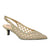 Gold open-toe shoe with slingback design on a white background