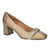 A single women's block-heel pump in champagne gold satin with a sparkling rhinestone-embellished bow detail on the toe, shown against a plain white background.