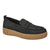 Black loafer shoe with brown sole on a white background