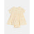 A pale yellow short-sleeve baby dress with a subtle orange floral pattern, featuring a tiered skirt and matching diaper cover, laid flat against a light gray background.