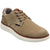 A men's casual lace-up shoe in a textured tan canvas upper with a white sole and brown trim, shown on a plain white background.