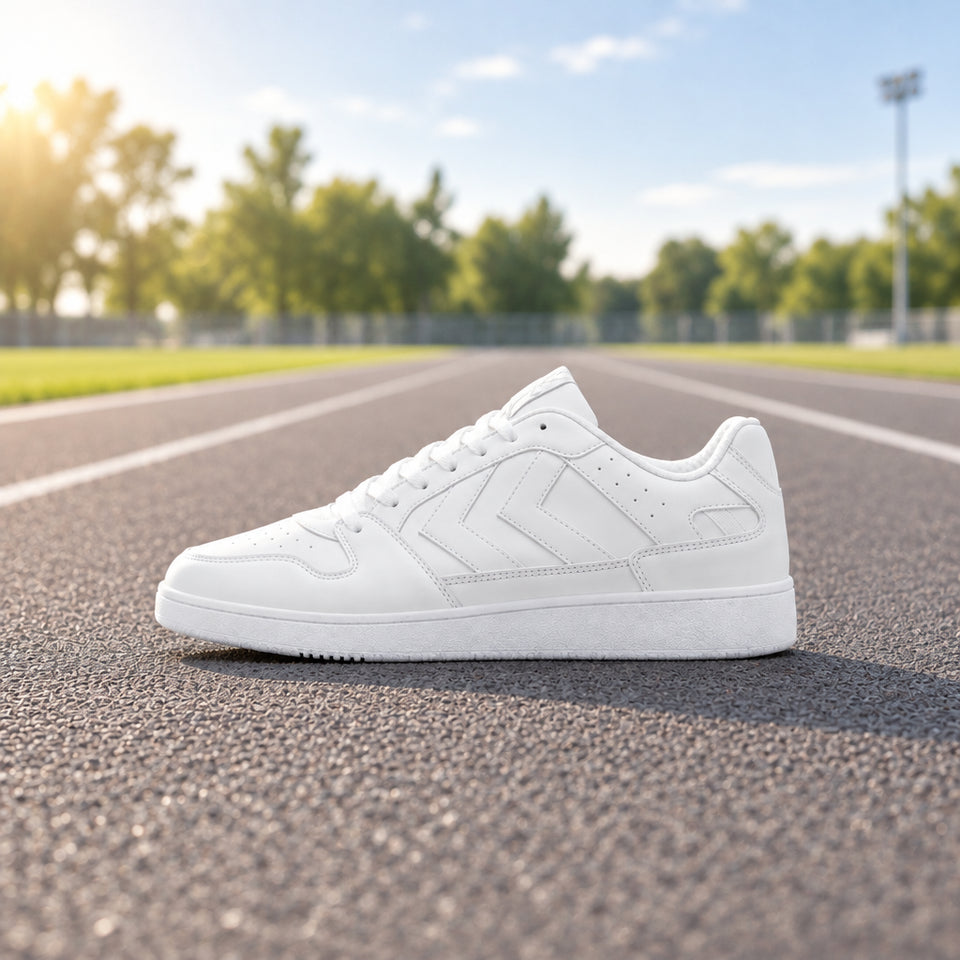 A white low-top sneaker shown from the side profile on a clean white background. The shoe features a clean white leather upper with tonal stitching, matching white laces, and subtle tonal branding on the side and heel.