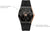 Black Bulova watch with rose gold accents on a white background