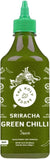 Green bottle of Sriracha Green Chilli sauce with a dragon logo on a white background