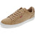 A tan suede low-top sneaker by Levi's with matching tan laces, a red leather brand tab on the side, and a thick white rubber sole, shown on a plain white background.
