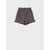 A pair of dark dusty purple shorts with a ruffled waistband and ruffled hem, displayed flat against a light gray background.