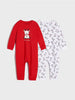 Red baby onesie with a reindeer design and white baby grow with floral pattern on a light gray background
