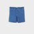 A pair of blue denim shorts with an elastic waistband, laid flat against a light gray background.