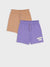 Two pairs of shorts, one brown and one purple with text, on a white background.