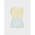 A baby romper featuring a yellow and white vertically striped short-sleeve top with a small light blue crown logo on the chest, paired with light blue shorts.