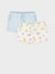 Two pairs of shorts, one light blue and one with butterfly pattern on a white background