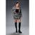 A woman models a black and white plaid blazer and matching mini skirt set, styled with a black top and black over-the-knee boots, against a dark gray studio background.