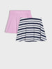 Two skirts, one pink and one striped, on a white background