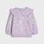 A lavender long-sleeve sweatshirt for toddlers, featuring a ruffled Peter Pan collar and a delicate all-over floral and dragonfly print, shown flat on a light gray background.