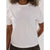 A white short-sleeve crewneck t-shirt with small white lace bow embellishments, shown on a model.