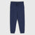A pair of navy blue jogger pants with an elastic waistband, matching navy drawstrings, and elastic cuffs, shown flat on a light gray background.