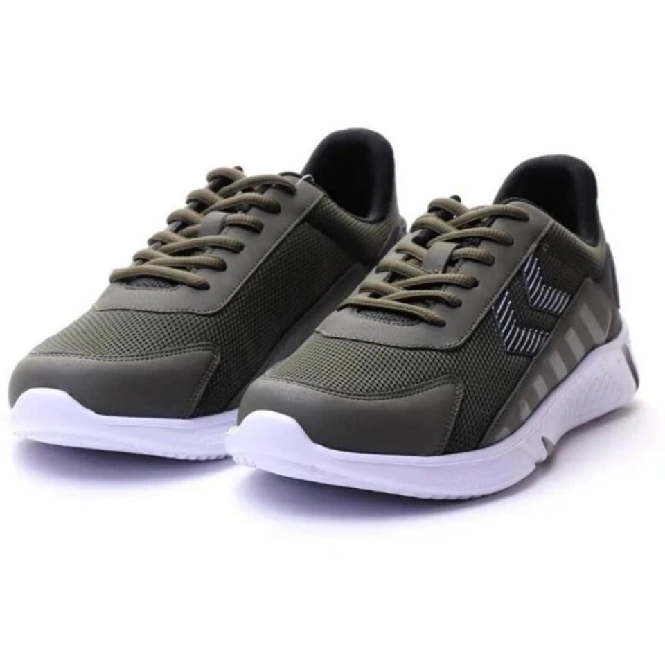A pair of low-top athletic sneakers in olive green and black with white soles, shown from a three-quarters angle on a white background.