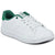 A white low-top sneaker with green accents on the collar, tongue, and heel, featuring perforated side stripes and white laces, shown on a plain white background.