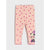 Pink children's leggings with a repeating pattern of small pink hearts and a Minnie Mouse graphic near the lower right leg, shown flat against a light gray background.