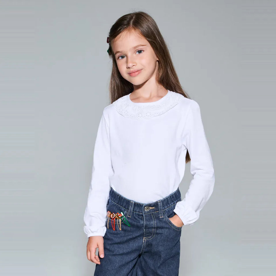 Sinsay Girl's White Embroidered Peter Pan Collar Blouse