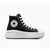 A black high-top platform sneaker with a thick white sole, white laces, and a circular Converse All Star logo patch on the side, shown against a plain white background.