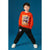 A young boy modeling a bright orange long-sleeve graphic sweatshirt and black sweatpants with white sneakers, posed against a solid blue studio background.