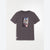 A dark gray crewneck t-shirt with a rectangular graphic print on the chest depicting a street scene with signs, photographed flat against a light gray background.