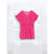 A bright pink short-sleeve lace top with a textured geometric pattern, displayed flat against a white and light gray geometric background.