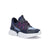 A single children's athletic sneaker in navy blue and light blue, featuring pink laces and a thick white sole, shown from a three-quarters angle on a white background.
