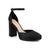 A single black satin high-heeled pump with an ankle strap and block heel, shown from a three-quarters angle on a white background.