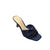 A single navy blue satin mule sandal with a sparkling rhinestone bow across the front and a low block heel, shown on a plain white background.