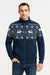 Man wearing a navy blue sweater with white patterns on a white background