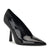 Black patent leather high heel shoe on a white background