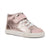 A toddler's high-top sneaker featuring a metallic rose gold glitter upper, a light pink velcro strap with a small white logo, white laces, and a white rubber sole, shown against a plain white background.
