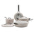 Set of beige cookware with black handles on a white background