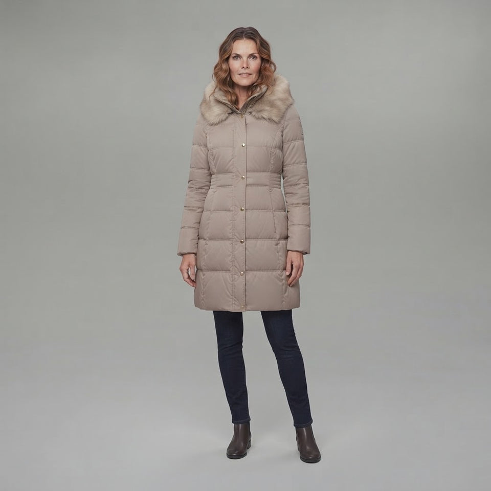Cole Haan Women's Taupe Faux-Fir Trim Hooded Down Puffer Coat