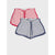 Two pairs of striped shorts on a light gray background. The top pair is white with red horizontal stripes and red trim, and the bottom pair is white with navy blue horizontal stripes and navy blue trim.