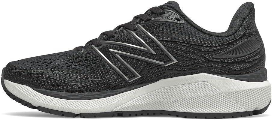 Black running shoe with New Balance logo on a light gray background