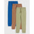 Three pairs of children's jogger sweatpants in blue, tan, and sage green, arranged in a vertical overlapping stack on a light gray background.