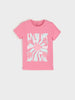 Pink t-shirt with white graphic design on a light gray background