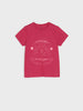 Red t-shirt with white graphic and text on a light gray background