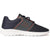 A low-top athletic sneaker in navy blue and dark gray with red accents, featuring a white sole, shown from a side profile on a white background.