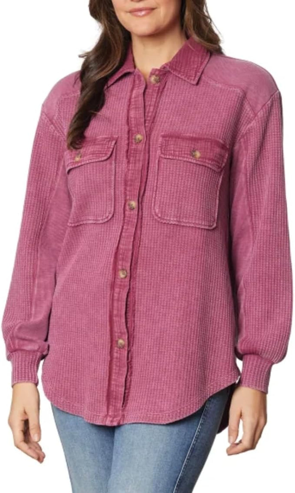 Briggs Women's Purple Relaxed Fit Button Front Long Sleeve Waffle Shirt