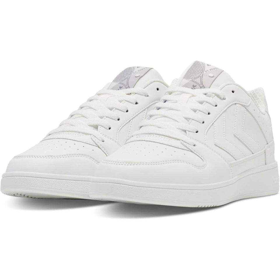 A pair of white low-top sneakers shown from a three-quarters angle on a clean white background.