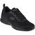 A black Skechers sneaker with a breathable mesh upper, black laces, and a thick black cushioned sole, shown from a three-quarters angle on a white background.