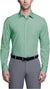 Man wearing a green dress shirt and gray pants on a white background