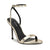 Gold high-heeled sandal with black insole on a white background
