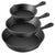 Three nested black cast iron skillets of different sizes with handles, shown on a plain white background.
