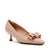 A single light beige patent leather pump with a pointed toe and a matching fabric bow on the vamp, set against a plain white background.