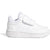 A white Adidas toddler sneaker with a hook-and-loop strap closure, featuring the Adidas logo embossed on the side and midsole, set against a plain white background.
